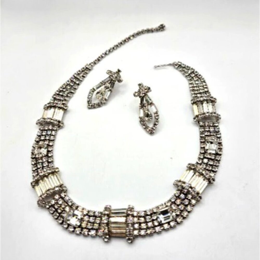 Vintage 1950s Clear Rhinestone Bib Necklace & Screwback Earrings Set Glam